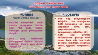 YURIDIS
Pasal 86 UU No. 5 Tahun 2014
➢ Instansi Pemerintah wajib
melaks penegakan disiplin
bagi PNS serta melaks
berbagai upaya peningkatan
disiplin.
➢ PNS yang melakukan
pelanggaran disiplin dijatuhi
hukuman disiplin yang diatur
dengan PP.
FILOSOFIS
• PNS sbg penyelenggara
kebijakan dan manajemen
ASN berpegang pd asas
(kepastian hkm, prof,
proporsionalitas,
keterpaduan, netralitas, dll);
• ASN sbg profesi
berlandaskan prinsip nilai
dasar, kode etik dan kode
perilaku, komitmen, integritas
moral, tggjwab, kompetensi,
dll.
 