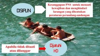 DISIPLIN
Kesanggupan PNS untuk menaati
kewajiban dan menghindari
larangan yang ditentukan
peraturan perundang-undangan
Apabila tidak ditaati
atau dilanggar
Dijatuhi
HD
 
