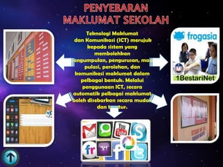 Teknologi Maklumat
  dan Komunikasi (ICT) merujuk
       kepada sistem yang
          membolehkan
pengumpulan, pengurusan, mani
      pulasi, perolehan, dan
  komunikasi maklumat dalam
    pelbagai bentuk. Melalui
     penggunaan ICT, secara
 automatik pelbagai maklumat
 boleh disebarkan secara mudah
           dan teratur.
 
