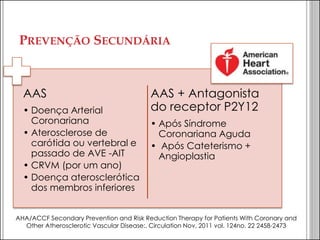 PREVENÇÃO SECUNDÁRIA 
AAS 
•Doença Arterial Coronariana 
•Aterosclerose de carótida ou vertebral e passado de AVE -AIT 
•CRVM (por um ano) 
•Doença aterosclerótica dos membros inferiores 
AAS + Antagonista do receptor P2Y12 
•Após Síndrome Coronariana Aguda 
• Após Cateterismo + Angioplastia 
AHA/ACCF Secondary Prevention and Risk Reduction Therapy for Patients With Coronary and Other Atherosclerotic Vascular Disease:. Circulation Nov, 2011 vol. 124no. 22 2458-2473  