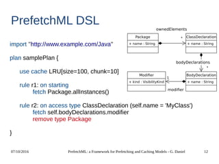07/10/2016 PrefetchML: a Framework for Prefetching and Caching Models - G. Daniel 12
PrefetchML DSL
import ''http://www.example.com/Java''
plan samplePlan {
use cache LRU[size=100, chunk=10]
rule r1: on starting
fetch Package.allInstances()
rule r2: on access type ClassDeclaration (self.name = 'MyClass')
fetch self.bodyDeclarations.modifier
remove type Package
}
Package
+ name : String
ClassDeclaration
+ name : String
BodyDeclaration
+ name : String
Modifier
+ kind : VisibilityKind
*
1
ownedElements
*
bodyDeclarations
modifier
 