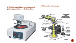 3. Polishing machines: semi automatic
polishing machines , polishing discs
4.Polarization microscope:
 