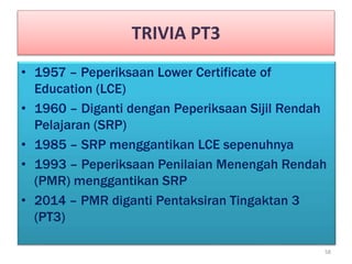 TRIVIA PT3
• 1957 – Peperiksaan Lower Certificate of
Education (LCE)
• 1960 – Diganti dengan Peperiksaan Sijil Rendah
Pelajaran (SRP)
• 1985 – SRP menggantikan LCE sepenuhnya
• 1993 – Peperiksaan Penilaian Menengah Rendah
(PMR) menggantikan SRP
• 2014 – PMR diganti Pentaksiran Tingaktan 3
(PT3)
58
 
