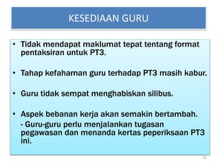 KESEDIAAN GURU
• Tidak mendapat maklumat tepat tentang format
pentaksiran untuk PT3.
• Tahap kefahaman guru terhadap PT3 masih kabur.
• Guru tidak sempat menghabiskan silibus.
• Aspek bebanan kerja akan semakin bertambah.
- Guru-guru perlu menjalankan tugasan
pegawasan dan menanda kertas peperiksaan PT3
ini.
62
 