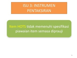ISU 3: INSTRUMEN
PENTAKSIRAN
Item HOTS tidak memenuhi spesifikasi
piawaian item semasa diprauji
79
 