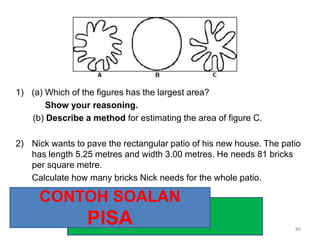 1) (a) Which of the figures has the largest area?
Show your reasoning.
(b) Describe a method for estimating the area of figure C.
2) Nick wants to pave the rectangular patio of his new house. The patio
has length 5.25 metres and width 3.00 metres. He needs 81 bricks
per square metre.
Calculate how many bricks Nick needs for the whole patio.
CONTOH SOALAN
PISA 86
 