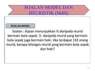 Soalan : Kajian menunjukkan ⅚ daripada murid
bermain bola sepak. ½ daripada murid yang bermain
bola sepak juga bermain hoki. Jika terdapat 132 orang
murid, berapa bilangan murid yang bermain bola sepak
dan hoki?
SOALAN MODEL DAN
HEURISTIK (MdH)
SOALAN MODEL
87
 