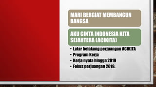 MARI BERGIAT MEMBANGUN
BANGSA
AKU CINTA INDONESIA KITA
SEJAHTERA (ACIKITA)
• Latar belakang perjuangan ACIKITA
• Program Kerja
• Kerja nyata hingga 2019
• Fokus perjuangan 2019.
 