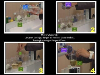 Kangen
Water
Kangen
Water
Air
Mineral
Teh
Hijau
Teh
Hijau
Teh
Hijau
Teh
Hijau
1 2
3 4
Micro-Clustered :
Larutkan teh hijau dengan air mineral tanpa direbus...
Bandingkan dengan Kangen Water...
 