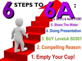 STEPS TOSTEPS TO
6A6A
1. Empty Your Cup!
2. Compelling Reason
3. BUY Leveluk SD501
4. Doing Presentation
5. Share The Water
6. Be (+) & Have FUN!66 ::
 