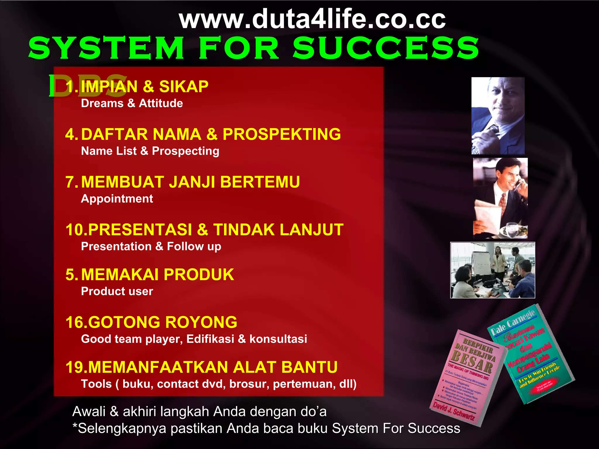 SYSTEM FOR SUCCESS DBS IMPIAN & SIKAP Dreams & Attitude DAFTAR NAMA & PROSPEKTING Name List & Prospecting MEMBUAT JANJI BERTEMU Appointment PRESENTASI & TINDAK LANJUT Presentation &  Follow up 5. MEMAKAI PRODUK Product user GOTONG ROYONG Good team player, Edifikasi & konsultasi MEMANFAATKAN ALAT BANTU Tools ( buku, contact  dvd , brosur, pertemuan, dll) Awali & akhiri langkah Anda dengan do’a *Selengkapnya pastikan Anda baca buku System For Success www.duta4life.co.cc     