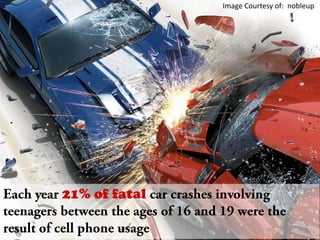 Image Courtesy of:  nobleupEach year 21% of fatal car crashes involving teenagers between the ages of 16 and 19 were the result of cell phone usage