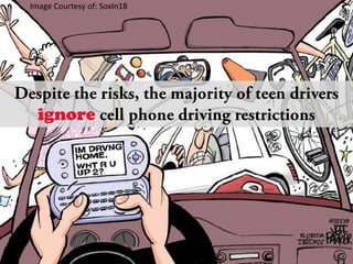 Image Courtesy of: SoxIn18Despite the risks, the majority of teen drivers ignorecell phone driving restrictions
