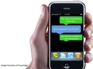 Hey mom, I’m gonna be a little late….What happened? Everything ok?I got into an accident as I was texting BobImage Courtesy of lucamegh