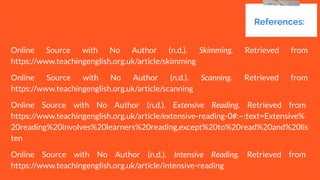 Online Source with No Author (n.d.). Skimming. Retrieved from
https://www.teachingenglish.org.uk/article/skimming
Online Source with No Author (n.d.). Scanning. Retrieved from
https://www.teachingenglish.org.uk/article/scanning
Online Source with No Author (n.d.). Extensive Reading. Retrieved from
https://www.teachingenglish.org.uk/article/extensive-reading-0#:~:text=Extensive%
20reading%20involves%20learners%20reading,except%20to%20read%20and%20lis
ten
Online Source with No Author (n.d.). Intensive Reading. Retrieved from
https://www.teachingenglish.org.uk/article/intensive-reading
References:
 