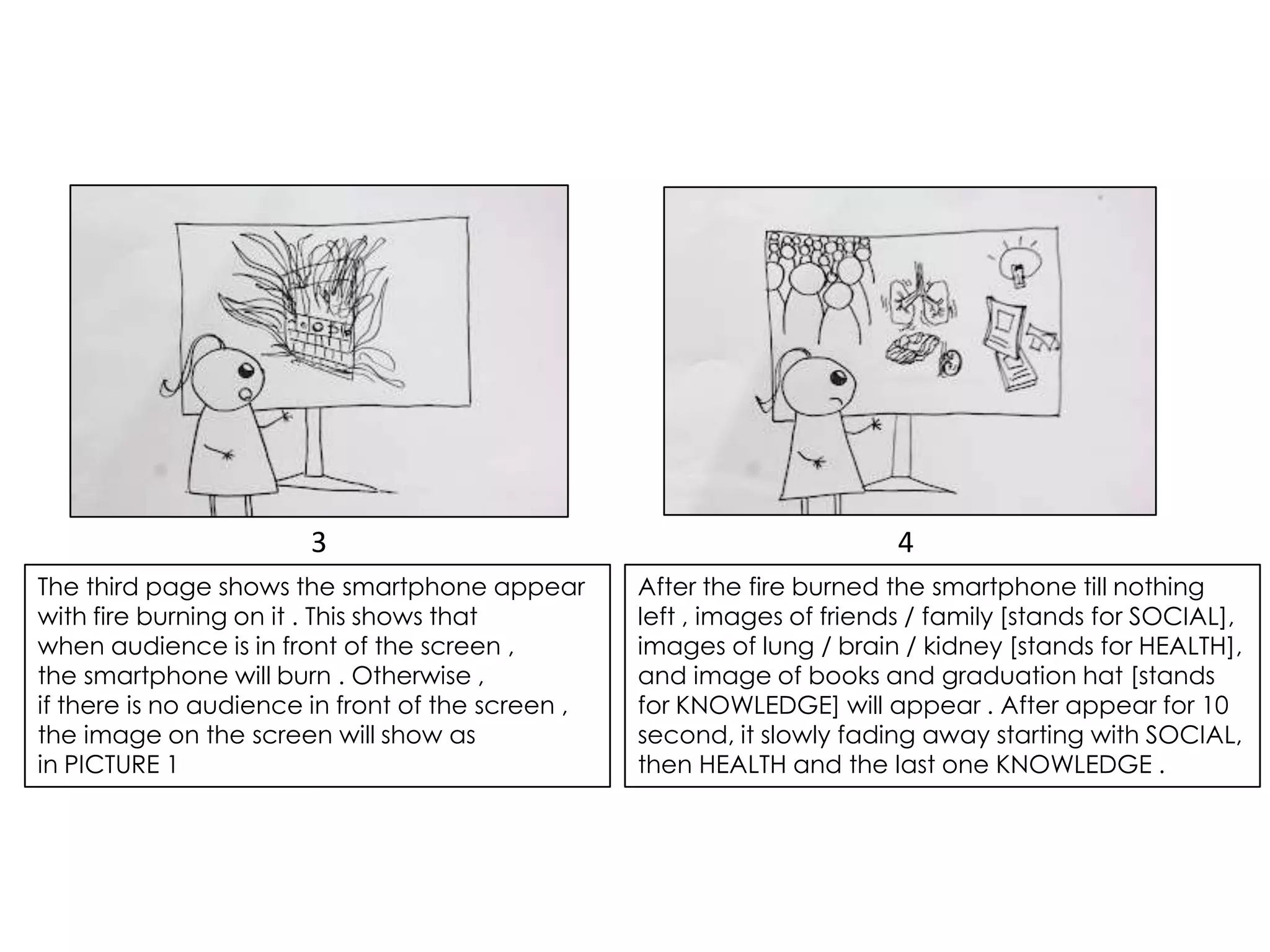 3                                                  4
The third page shows the smartphone appear         After the fire burned the smartphone till nothing
with fire burning on it . This shows that          left , images of friends / family [stands for SOCIAL],
when audience is in front of the screen ,          images of lung / brain / kidney [stands for HEALTH],
the smartphone will burn . Otherwise ,             and image of books and graduation hat [stands
if there is no audience in front of the screen ,   for KNOWLEDGE] will appear . After appear for 10
the image on the screen will show as               second, it slowly fading away starting with SOCIAL,
in PICTURE 1                                       then HEALTH and the last one KNOWLEDGE .
 
