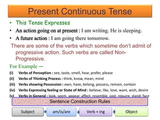 Present Continuous Tense
• This Tense Expresses
• An action going on at present : I am writing. He is sleeping.
• A future action : I am going there tomorrow.
There are some of the verbs which sometime don’t admit of
progressive action. Such verbs are called Non-
Progressive.
For Example —
(i) Verbs of Perception : see, taste, smell, hear, prefer, please
(ii) Verbs of Thinking Process : think, know, mean, mind
(iii) Verbs showing Possession : own, have, belong, possess, remain, contain
(iv) Verbs Expressing feeling or State of Mind : believe, like, love, want, wish, desire
(v) Verbs in General : look, seem, appear, affect, resemble, cost, require, stand, face
Sentence Construction Rules
Subject am/is/are Verb + ing Object
 