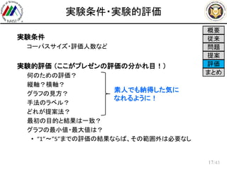 /43
実験条件・実験的評価
 実験条件
– コーパスサイズ・評価人数など
 実験的評価 （ここがプレゼンの評価の分かれ目！）
– 何のための評価？
– 縦軸？横軸？
– グラフの見方？
– 手法のラベル？
– どれが提案法？
– 最初の目的と結果は一致？
– グラフの最小値・最大値は？
• “1”～”5”までの評価の結果ならば、その範囲外は必要なし
17
概要
従来
問題
提案
評価
まとめ
素人でも納得した気に
なれるように！
 