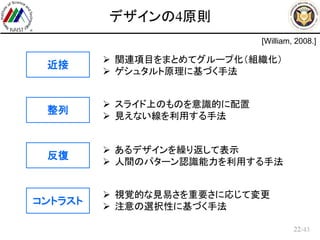 /43
デザインの4原則
22
近接
コントラスト
整列
反復
 関連項目をまとめてグループ化（組織化）
 ゲシュタルト原理に基づく手法
 スライド上のものを意識的に配置
 見えない線を利用する手法
 あるデザインを繰り返して表示
 人間のパターン認識能力を利用する手法
 視覚的な見易さを重要さに応じて変更
 注意の選択性に基づく手法
[William, 2008.]
 