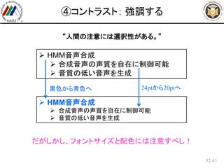 /43
④コントラスト： 強調する
32
“人間の注意には選択性がある。”
 HMM音声合成
 合成音声の声質を自在に制御可能
 音質の低い音声を生成
だがしかし、フォントサイズと配色には注意すべし！
 HMM音声合成
 合成音声の声質を自在に制御可能
 音質の低い音声を生成
黒色から青色へ 24ptから20ptへ
 