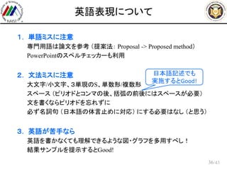 /43
英語表現について
 １． 単語ミスに注意
– 専門用語は論文を参考 （提案法： Proposal -> Proposed method）
– PowerPointのスペルチェッカーも利用
 ２． 文法ミスに注意
– 大文字/小文字、３単現のS、単数形/複数形
– スペース （ピリオドとコンマの後、括弧の前後にはスペースが必要）
– 文を書くならピリオドを忘れずに
– 必ず名詞句 （日本語の体言止めに対応） にする必要はなし （と思う）
 ３． 英語が苦手なら
– 英語を書かなくても理解できるような図・グラフを多用すべし！
– 結果サンプルを提示するとGood!
36
日本語記述でも
実施するとGood!
 