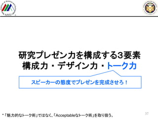 研究プレゼン力を構成する３要素
構成力 ・ デザイン力 ・ トーク力
37
スピーカーの態度でプレゼンを完成させろ！
* 「魅力的なトーク術」ではなく、「Acceptableなトーク術」を取り扱う。
 