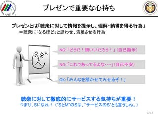 /43
プレゼンで重要な心持ち
 プレゼンとは「聴衆に対して情報を提示し、理解・納得を得る行為」
– ＝聴衆に「なるほど」と思わせ、満足させる行為
4
NG: 「どうだ！頭いいだろう！」 （自己顕示）
OK: 「みんなを頷かせてみせるぞ！」
NG: 「これであってるよな・・・」（自己不安）
聴衆に対して徹底的にサービスする気持ちが重要！
つまり、Sになれ！ （”SとM”のSは、”サービスのS”とも言うしね。）
 