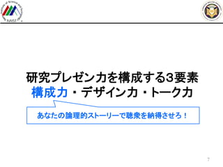研究プレゼン力を構成する３要素
構成力 ・ デザイン力 ・ トーク力
7
あなたの論理的ストーリーで聴衆を納得させろ！
 