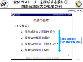 /43
全体のストーリーを構成する前に①：
国際会議論文の概要の例
8
[Neubig, 2015.]
論文の概要を
短く論理的に提示
 
