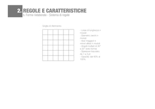 b. Forme rielaborate - Sistema di regole
2. REGOLE E CARATTERISTICHE
Griglia di riferimento
- Linee di lunghezza n
moduli
- Diametro cerchi n
moduli
- Assi maggiori e
minori ellissi n moduli
- Angoli multipli di 30°
e 20° (solo forme)
- Spessore tracciato:
da 1 a 3 pt
- Opacità: dal 40% al
100%
 