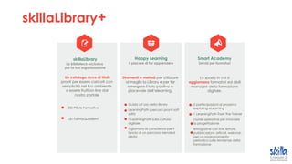skillaLibrary
La biblioteca esclusiva
per la tua organizzazione
Un catalogo ricco di titoli
pronti per essere caricati con
semplicità nel tuo ambiente
o essere fruiti on line dal
nostro portale
200 Pillole Formative
120 FormaQuaderni
Smart Academy
Servizi per formatori
Strumenti e metodi per utilizzare
al meglio la Library e per far
emergere il lato positivo e
piacevole dell’elearning.
Guida all’uso della library
LearningPath (percorsi pronti soft
skills)
1 LearningPath sulla cultura
digitale
1 giornata di consulenza per il
lancio di un percorso blended
pilota
Lo spazio in cui si
aggiornano formatori ed abili
manager della formazione
digitale.
2 partecipazioni al prossimo
exploring eLearning
1 LearningPath Train The Trainer
Guide operative per innovare
la progettazione
eMagazine con link, letture,
pubblicazioni, articoli, webinar,
per un aggiornamento
periodico sulle tendenze della
formazione
Happy Learning
Il piacere di far apprendere
skillaLibrary+
 
