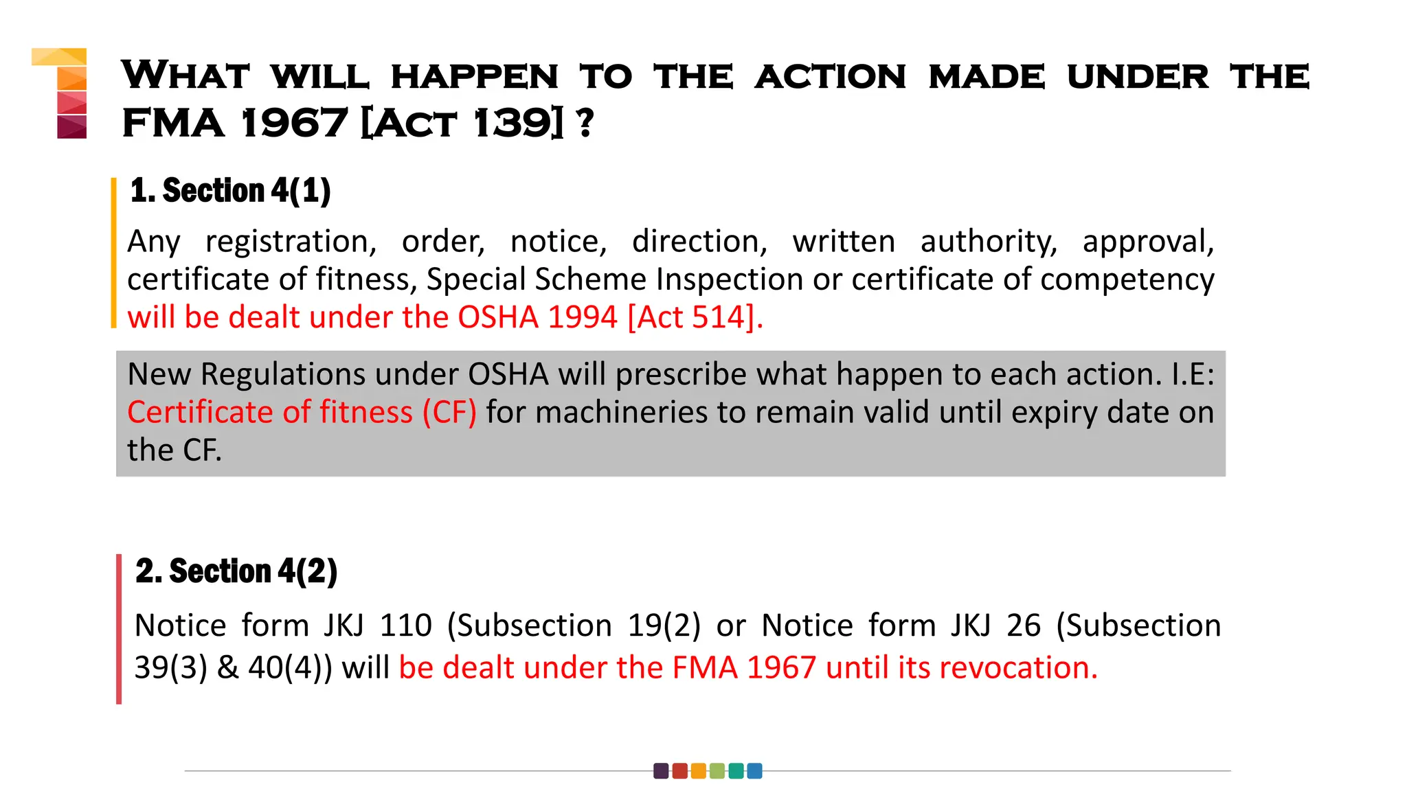 Any registration, order, notice, direction, written authority, approval,
certificate of fitness, Special Scheme Inspection or certificate of competency
will be dealt under the OSHA 1994 [Act 514].
2. Section 4(2)
1. Section 4(1)
Notice form JKJ 110 (Subsection 19(2) or Notice form JKJ 26 (Subsection
39(3) & 40(4)) will be dealt under the FMA 1967 until its revocation.
What will happen to the action made under the
FMA 1967 [Act 139] ?
New Regulations under OSHA will prescribe what happen to each action. I.E:
Certificate of fitness (CF) for machineries to remain valid until expiry date on
the CF.
 