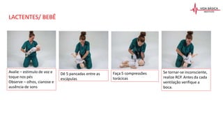 Avalie – estimulo de voz e
toque nos pés
Observe – olhos, cianose e
ausência de sons
Faça 5 compressões
torácicas
Dê 5 pancadas entre as
escápulas
Se tornar-se inconsciente,
realize RCP. Antes da cada
ventilação verifique a
boca.
LACTENTES/ BEBÊ
 