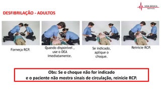 DESFIBRILAÇÃO - ADULTOS
Forneça RCP
.
Reinicie RCP.
Se indicado,
aplique o
choque.
Quando disponível ,
use o DEA
imediatamente.
Obs: Se o choque não for indicado
e o paciente não mostra sinais de circulação, reinicie RCP.
 