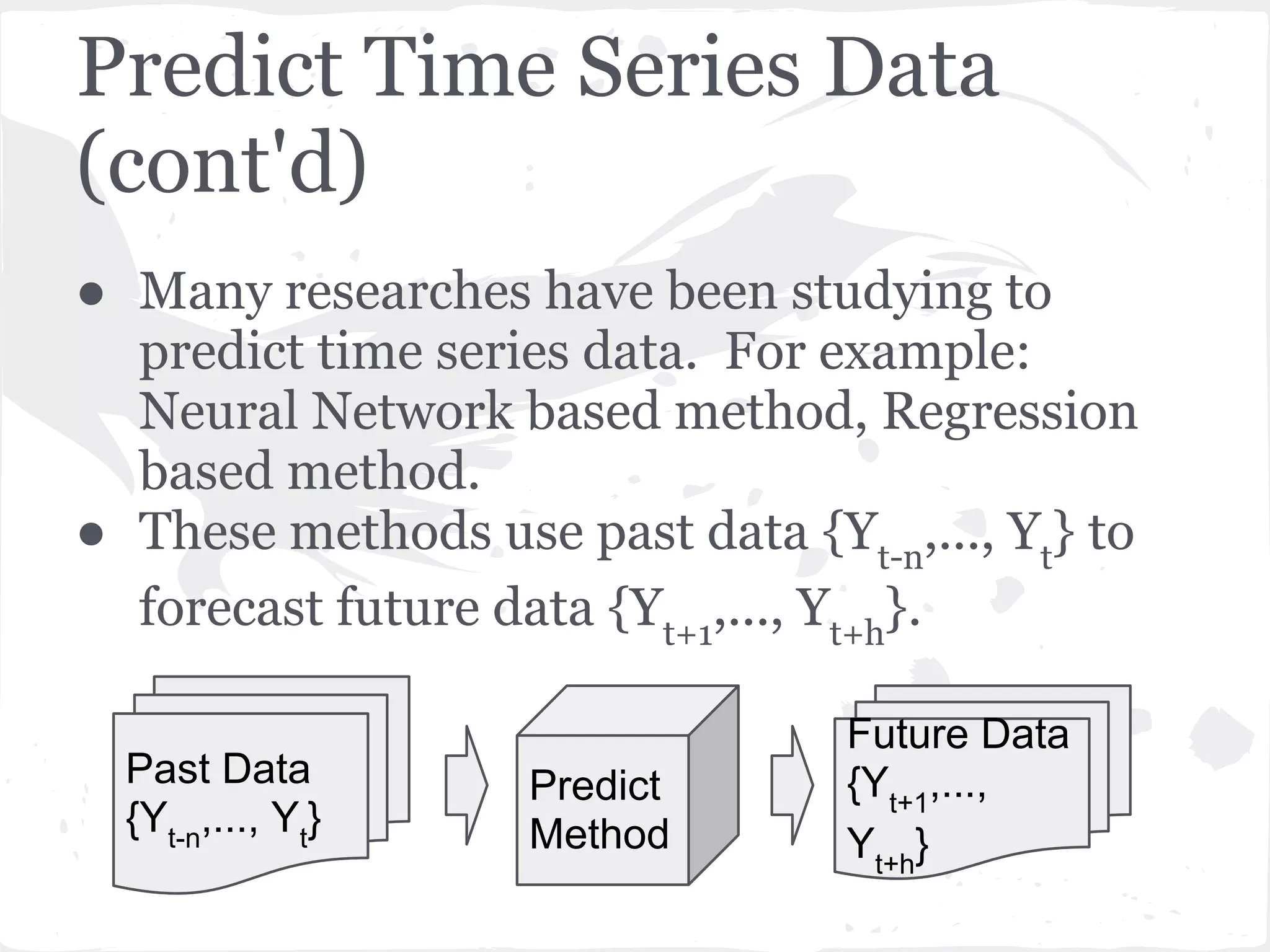 Predict Time Series Data
(cont'd)
● Many researches have been studying to
predict time series data. For example:
Neural Network based method, Regression
based method.
● These methods use past data {Yt-n
,..., Yt
} to
forecast future data {Yt+1
,..., Yt+h
}.
Predict
Method
Past Data
{Yt-n
,..., Yt
}
Future Data
{Yt+1
,...,
Yt+h
}
 