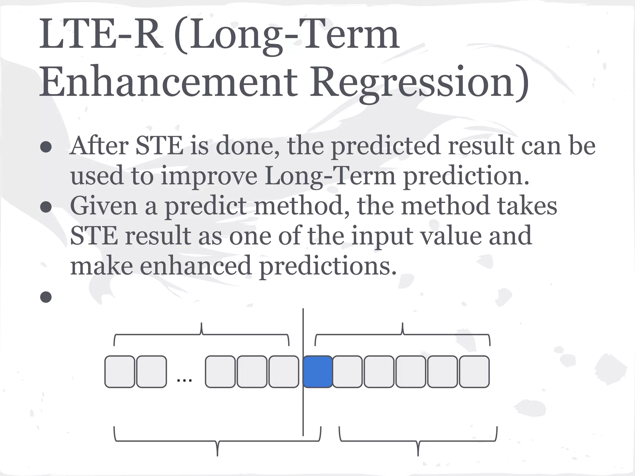 LTE-R (Long-Term
Enhancement Regression)
● After STE is done, the predicted result can be
used to improve Long-Term prediction.
● Given a predict method, the method takes
STE result as one of the input value and
make enhanced predictions.
●
...
 