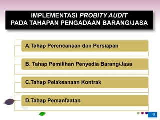 11
IMPLEMENTASI PROBITY AUDIT
PADA TAHAPAN PENGADAAN BARANG/JASA
A.Tahap Perencanaan dan Persiapan
B. Tahap Pemilihan Penyedia Barang/Jasa
C.Tahap Pelaksanaan Kontrak
D.Tahap Pemanfaatan
 