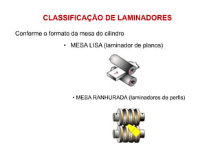 • MESA LISA (laminador de planos)
Conforme o formato da mesa do cilindro
CLASSIFICAÇÃO DE LAMINADORES
• MESA RANHURADA (laminadores de perfis)
 
