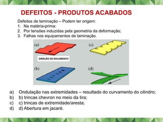 a) Ondulação nas extremidades – resultado do curvamento do cilindro;
b) b) trincas chevron no meio da tira;
c) c) trincas de extremidade/aresta;
d) d) Abertura em jacaré.
DEFEITOS - PRODUTOS ACABADOS
Defeitos de laminação – Podem ter origem:
1. Na matéria-prima:
2. Por tensões induzidas pela geometria da deformação;
3. Falhas nos equipamentos de laminação.
 
