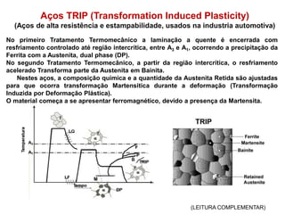 Aços TRIP (Transformation Induced Plasticity)
(Aços de alta resistência e estampabilidade, usados na industria automotiva)
No primeiro Tratamento Termomecânico a laminação a quente é encerrada com
resfriamento controlado até região intercrítica, entre A3 e A1, ocorrendo a precipitação da
Ferrita com a Austenita, dual phase (DP).
No segundo Tratamento Termomecânico, a partir da região intercrítica, o resfriamento
acelerado Transforma parte da Austenita em Bainita.
Nestes aços, a composição química e a quantidade da Austenita Retida são ajustadas
para que ocorra transformação Martensitica durante a deformação (Transformação
Induzida por Deformação Plástica).
O material começa a se apresentar ferromagnético, devido a presença da Martensita.
(LEITURA COMPLEMENTAR)
 