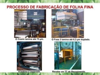 PROCESSO DE FABRICAÇÃO DE FOLHA FINA
O Cosim lamina até 75 µm. O Fosa 3 lamina até 6.3 µm duplado.
A bobina é separada. Recebe um TT de Recozimento.
 