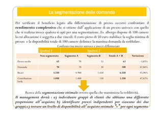 La segmentazione della domanda
Per verificare il beneficio legato alla differenziazione di prezzo occorre confrontare il
rendimento complessivo che si ottiene dallʼapplicazione di un prezzo univoco con quello
che si realizza invece qualora si opti per una segmentazione. Es. albergo dispone di 100 camere
la cui allocazione è soggetta a due vincoli: il costo pieno di 50 euro stabilisce la soglia minima di
prezzo e la disponibilità totale di 100 camere definisce la massima domanda da soddisfare.
Confronto tra prezzo univoco e prezzi differenziati
Ricerca della segmentazione ottimale ovvero quella che massimizza la redditività.
Il management dovrà : a) individuare gruppi di clienti che abbiano una differente
propensione allʼacquisto; b) identificare prezzi indipendenti per ciascuno dei due
gruppi;c) trovare un livello di disponibilità allʼacquisto ottimale “v” per ogni segmento
Ipotesi 1 Ipotesi 2
Non segmentato Segmento A Segmento B Totale A + B Variazione
Prezzo medio 65 70 55 63 - 3,85%
Domanda 70 70 30 100 42,86%
Ricavi 4.550 4.900 1.650 6.550 43,96%
Contribuzione
lorda
1.050 1.400 150 1.550 47,62%
 