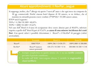Alcuni approfondimenti: il RevPar…segue
Si supponga, inoltre, che lʼalbergo sia aperto 7 mesi allʼanno e che ogni mese sia composto da
30 gg. commerciali. Poiché ciascun hotel dispone di 50 camere, se ne deduce, che al
massimo in entrambi possono essere vendute (7*30*50)= 10.500 camere annue.
IlTO* sarà il seguente:
TO*a = 4.286/10.500= 40,82%
TO*b = 5000/10.500= 47,62%
Nel caso dellʼHotel A il tasso di occupazione deve essere almeno pari al 40,82%, inferiore
rispetto a quello dellʼHotel B pari al 47,62%, a causa di una minore incidenza dei costi
fissi. Con questi valori è possibile determinare i Ricavi* e il RevPar* di pareggio (valori
arrotondati).
Formula Hotel A Hotel B
Ricavi* RMC*TO* 100*4.286 = € 428.571 100*5.000= € 500.000
RevPar* Ricavi*/numero
camere potenziali
428.571/10.500 = € 41 500.000/10.500 = € 48
• Esempio semplicistico in quanto assume che vi sia una tariffa costante
per tutto il periodo considerato.
• In realtà sullʼRMC intervengono almeno 2 variabili: la stagionalità e
classi tariffarie
 