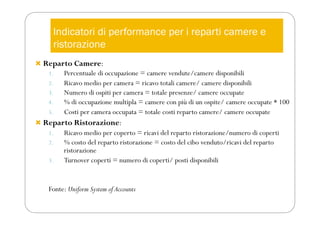 Indicatori di performance per i reparti camere e
ristorazione
 Reparto Camere:
1. Percentuale di occupazione = camere vendute/camere disponibili
2. Ricavo medio per camera = ricavo totali camere/ camere disponibili
3. Numero di ospiti per camera = totale presenze/ camere occupate
4. % di occupazione multipla = camere con più di un ospite/ camere occupate * 100
5. Costi per camera occupata = totale costi reparto camere/ camere occupate
 Reparto Ristorazione:
1. Ricavo medio per coperto = ricavi del reparto ristorazione/numero di coperti
2. % costo del reparto ristorazione = costo del cibo venduto/ricavi del reparto
ristorazione
3. Turnover coperti = numero di coperti/ posti disponibili
Fonte: Uniform System of Accounts
 