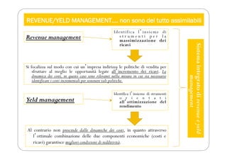 REVENUE/YELD MANAGEMENT…. non sono del tutto assimilabili
Revenue management
Si focalizza sul modo con cui unʼimpresa indirizza le politiche di vendita per
sfruttare al meglio le opportunità legate allʼincremento dei ricavi. La
dinamica dei costi, in questo caso sono rilevanti nella misura in cui sia necessario
identificare i costi incrementali per sostenere tali politiche.
Identifica lʼinsieme di
s t r u m e n t i p e r l a
massimizzazione dei
ricavi
Yeld management
Identifica lʼinsieme di strumenti
o r i e n t a t i
allʼottimizzazione del
rendimento
Al contrario non prescinde dalle dinamiche dei costi, in quanto attraverso
lʼottimale combinazione delle due componenti economiche (costi e
ricavi) garantisce migliori condizioni di redditività.
Sistema
integrato
di
revenue
e
yeld
management
 