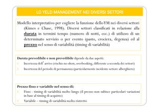 LO YELD MANAGEMENT NEI DIVERSI SETTORI
Modello interpretativo per cogliere la funzione delloYM nei diversi settori
(Kimes e Chase, 1998). Diversi settori classificati in relazione alla
durata in termini tempo (numero di notti, ecc.) di utilizzo di un
determinato servizio o per evento (pasto, crociera, degenza) ed al
prezzo nel senso di variabilità (timing di variabilità)
Durata prevedibile e non prevedibile dipende da due aspetti:
1. Incertezza dellʼarrivo (rischio no-show, overbooking, differente a seconda dei settori)
2. Incertezza del periodo di permanenza (particolarmente incidente settore alberghiero)
Prezzo fisso e variabile nel senso di:
1. Fisso - timing di variabilità molto lungo (il prezzo non subisce particolari variazioni
in base al timing di acquisto)
2. Variabile – timing di variabilità molto ristretto
 