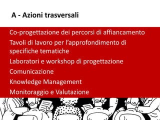A - Azioni trasversali
Co-progettazione dei percorsi di affiancamento
Tavoli di lavoro per l’approfondimento di
specifiche tematiche
Laboratori e workshop di progettazione
Comunicazione
Knowledge Management
Monitoraggio e Valutazione
 