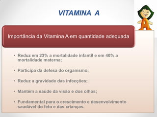 VITAMINA A
• Reduz em 23% a mortalidade infantil e em 40% a
mortalidade materna;
• Participa da defesa do organismo;
• Reduz a gravidade das infecções;
• Mantém a saúde da visão e dos olhos;
• Fundamental para o crescimento e desenvolvimento
saudável do feto e das crianças.
Importância da Vitamina A em quantidade adequada
 
