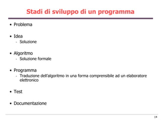 Stadi di sviluppo di un programma
• Problema

• Idea
  -   Soluzione

• Algoritmo
  -   Soluzione formale

• Programma
  -   Traduzione dell‟algoritmo in una forma comprensibile ad un elaboratore
      elettronico

• Test

• Documentazione

                                                                               14
 