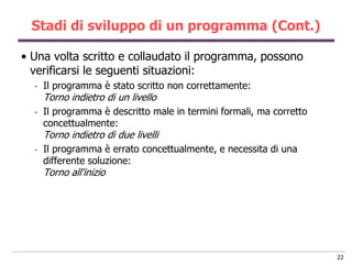 Stadi di sviluppo di un programma (Cont.)

• Una volta scritto e collaudato il programma, possono
  verificarsi le seguenti situazioni:
  -   Il programma è stato scritto non correttamente:
      Torno indietro di un livello
  -   Il programma è descritto male in termini formali, ma corretto
      concettualmente:
      Torno indietro di due livelli
  -   Il programma è errato concettualmente, e necessita di una
      differente soluzione:
      Torno all'inizio




                                                                      22
 